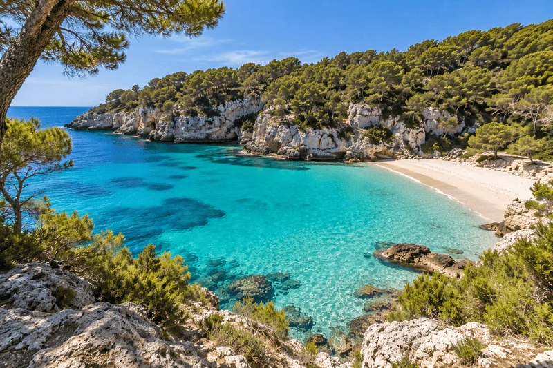 Cala Mitjana rodeada de pinos y roca en Mallorca