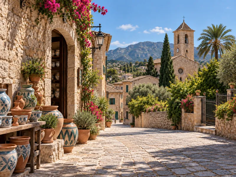 Calle de pueblo mallorquín con cerámica tradicional